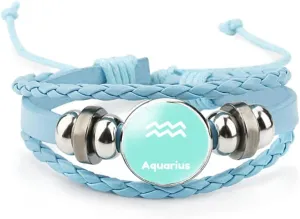Fashion 12 Zodiac Sign Glow In The Dark Bracelet Adjustable Bangle For Women Men Glass Constellations Charm Blue Leather Rope Chains Fashion Jewelry