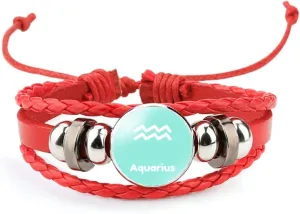 Fashion 12 Zodiac Sign Glow In The Dark Bracelet Adjustable Bangle For Women Men Glass Constellations Charm Red Leather Rope Chains Fashion Jewelry