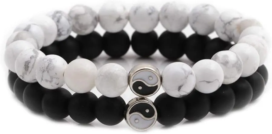 Fashion Men Women Taiji Yin Yang Feng Shui Charm Bracelet Natural White Turquoise and Black Beaded Couple Bracelets Friendship Distance Bracelet Jewelry