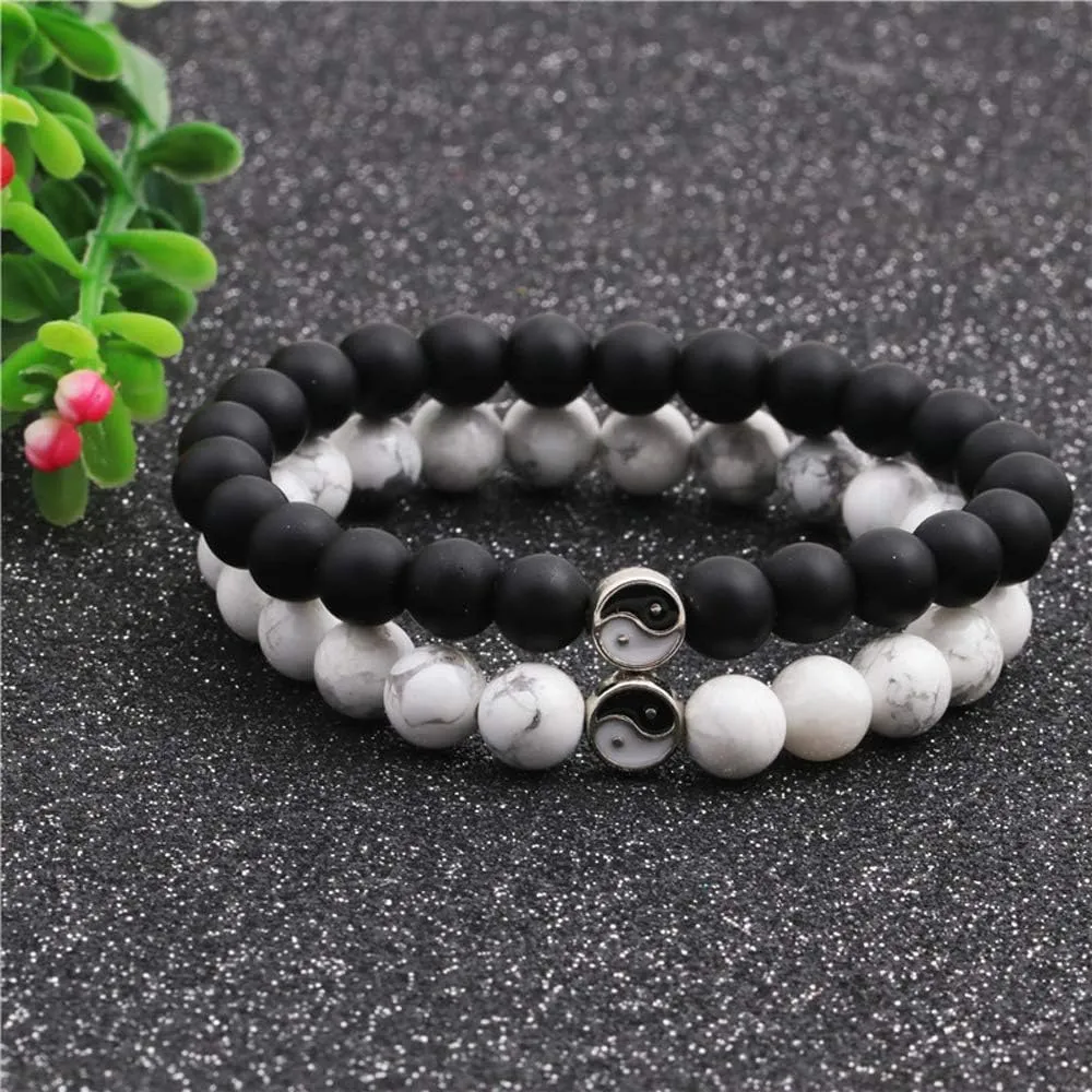 Fashion Men Women Taiji Yin Yang Feng Shui Charm Bracelet Natural White Turquoise and Black Beaded Couple Bracelets Friendship Distance Bracelet Jewelry