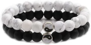 Fashion Men Women Taiji Yin Yang Feng Shui Charm Bracelet Natural White Turquoise and Black Beaded Couple Bracelets Friendship Distance Bracelet Jewelry