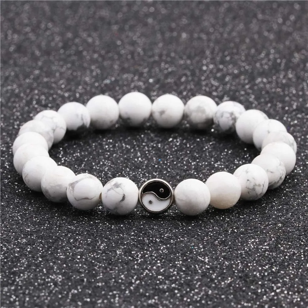 Fashion Men Women Taiji Yin Yang Feng Shui Charm Bracelet Natural White Turquoise and Black Beaded Couple Bracelets Friendship Distance Bracelet Jewelry