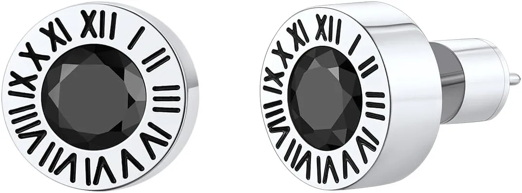 Findchic Stainless Steel Roman Numerals Round Studs Earrings for Men Women with 12 Birthstone Gold/Silver Color Chunky Round Screw Back Finding, with Gift Box