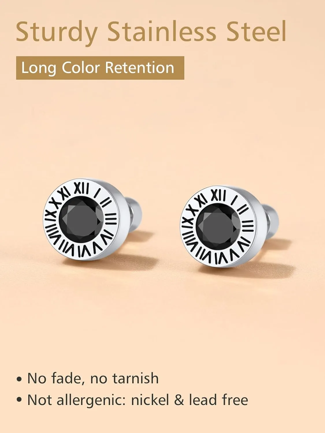 Findchic Stainless Steel Roman Numerals Round Studs Earrings for Men Women with 12 Birthstone Gold/Silver Color Chunky Round Screw Back Finding, with Gift Box