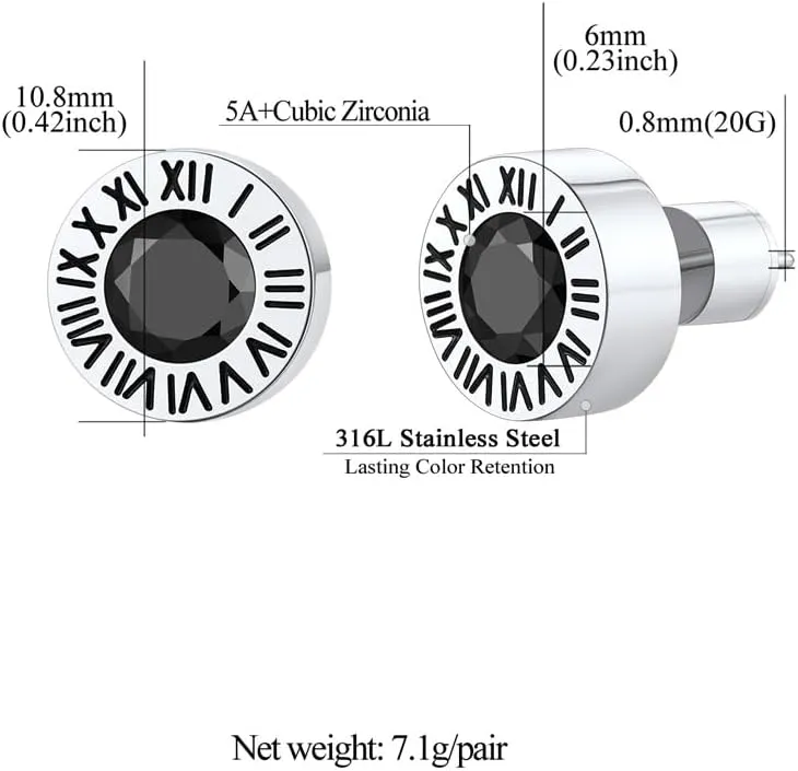 Findchic Stainless Steel Roman Numerals Round Studs Earrings for Men Women with 12 Birthstone Gold/Silver Color Chunky Round Screw Back Finding, with Gift Box