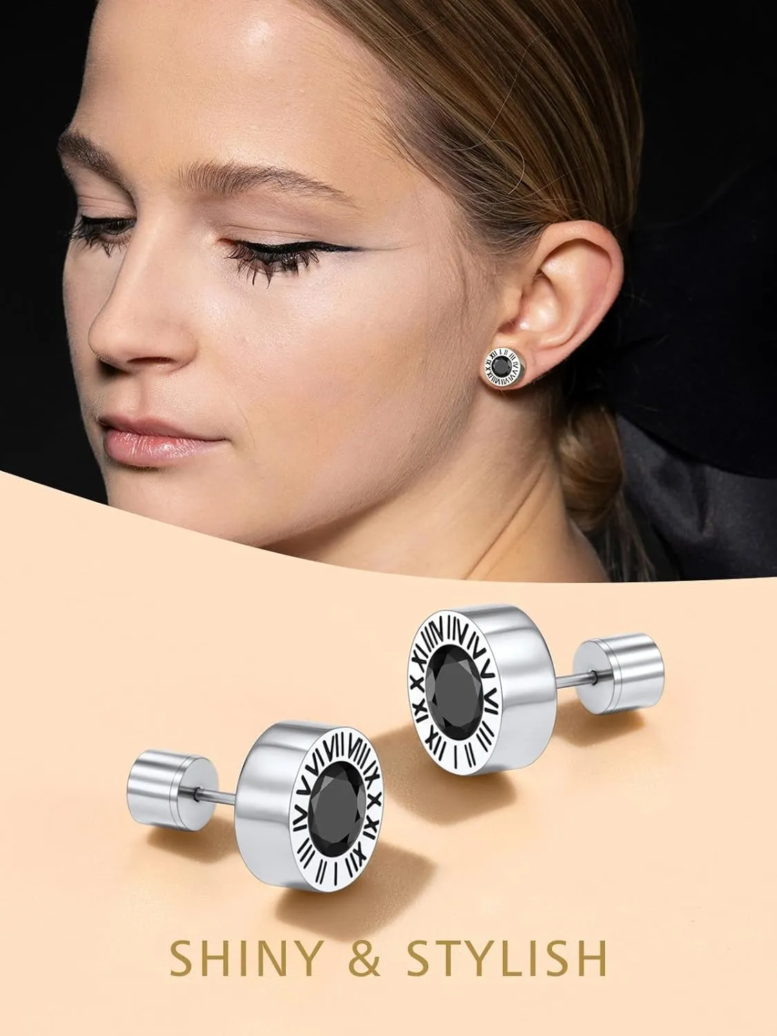 Findchic Stainless Steel Roman Numerals Round Studs Earrings for Men Women with 12 Birthstone Gold/Silver Color Chunky Round Screw Back Finding, with Gift Box