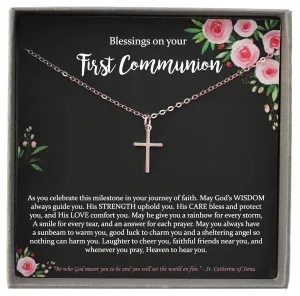 First Communion Gifts for Girls, 14K Rose Gold Cross Necklace with Meaningful Message