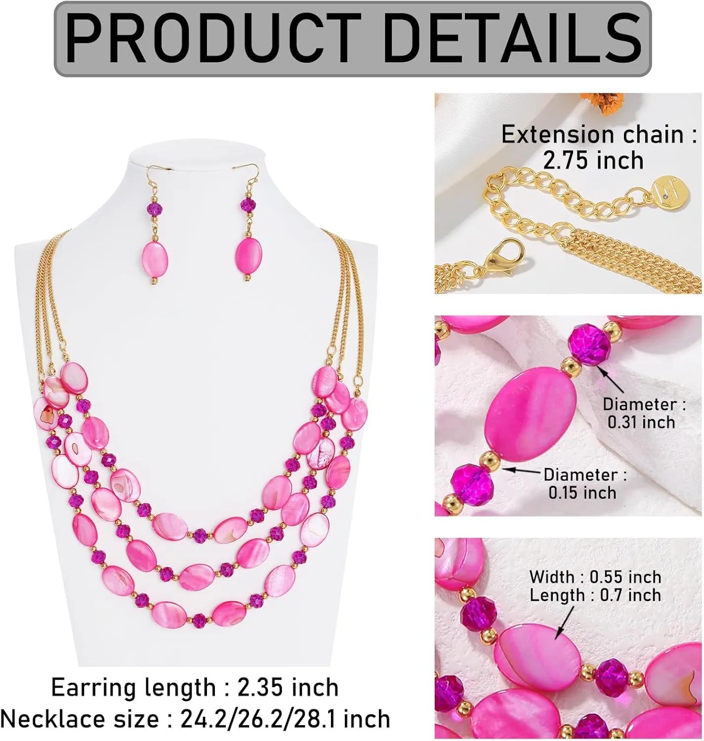 Firstmeet 3 Layered Beaded Necklace Set with Earrings Oval Shell Beads Jewelry Gift for Women