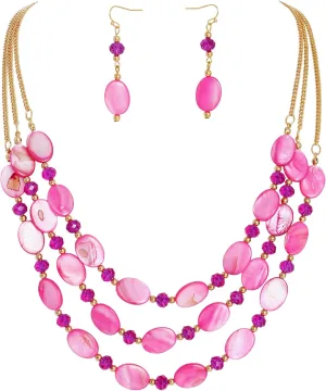 Firstmeet 3 Layered Beaded Necklace Set with Earrings Oval Shell Beads Jewelry Gift for Women