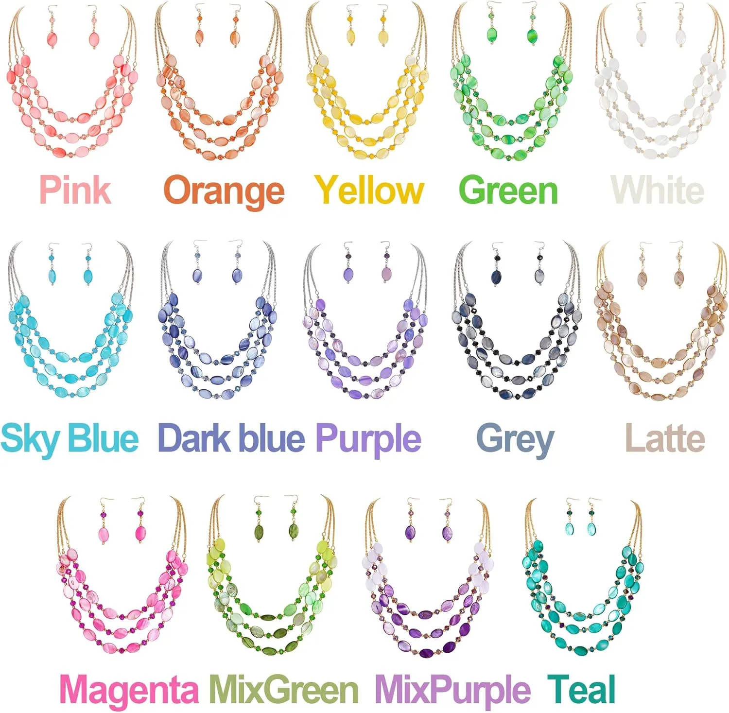 Firstmeet 3 Layered Beaded Necklace Set with Earrings Oval Shell Beads Jewelry Gift for Women