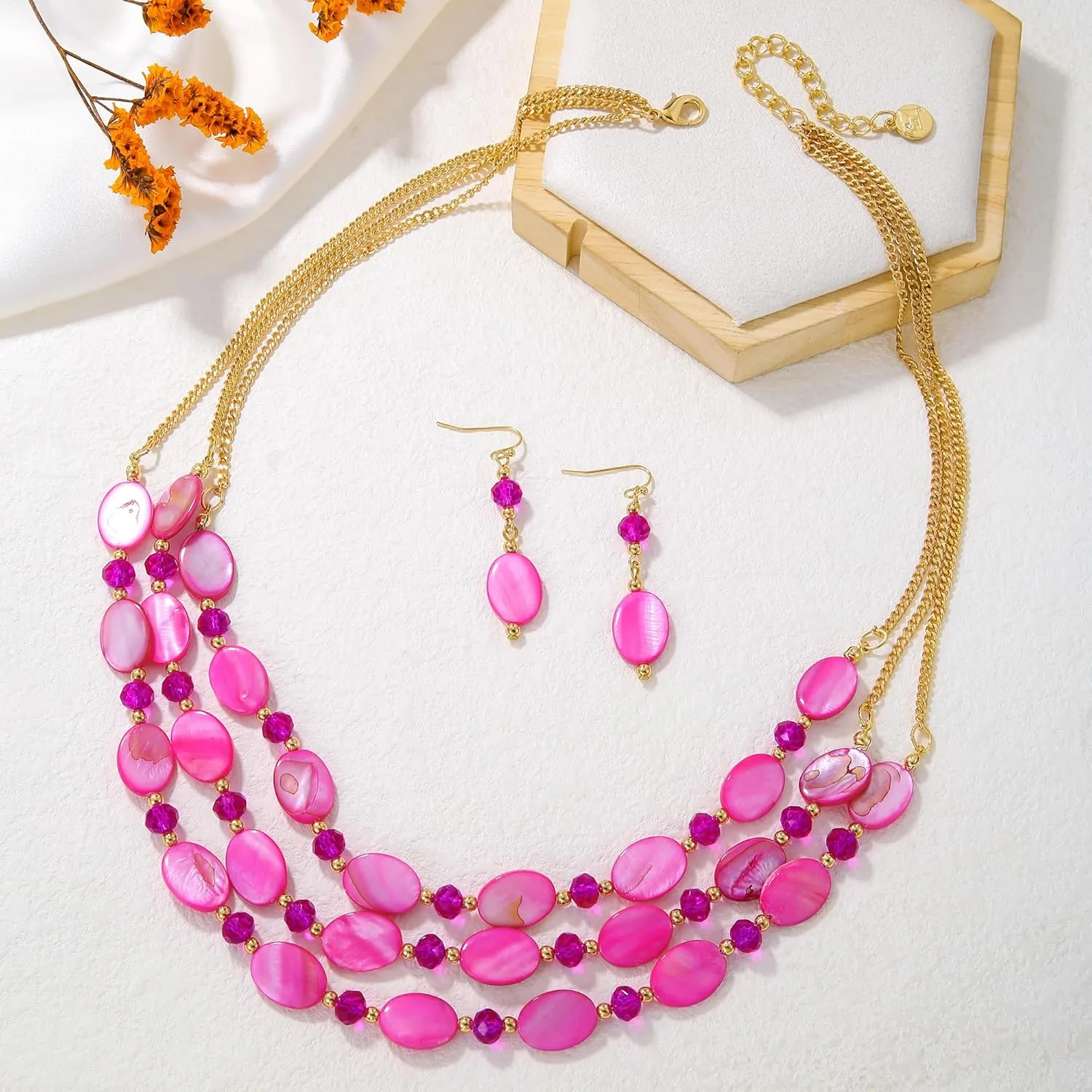 Firstmeet 3 Layered Beaded Necklace Set with Earrings Oval Shell Beads Jewelry Gift for Women