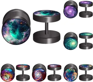 FLYUN Fake Gauges, 6 Pairs Men's Earrings, Faux Plugs Black Stud Surgical Steel Screw Flat Back Punk Earrings Hypoallergenic 18G/1MM