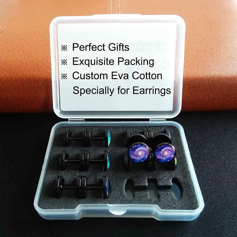 FLYUN Fake Gauges, 6 Pairs Men's Earrings, Faux Plugs Black Stud Surgical Steel Screw Flat Back Punk Earrings Hypoallergenic 18G/1MM
