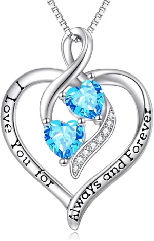 Forever Love Heart Birthstone Necklaces for Women 925 Sterling Silver Women Pendant Necklace, Mothers Day Birthday Anniversary Jewelry Gift for Woman Mother Mom Wife Her