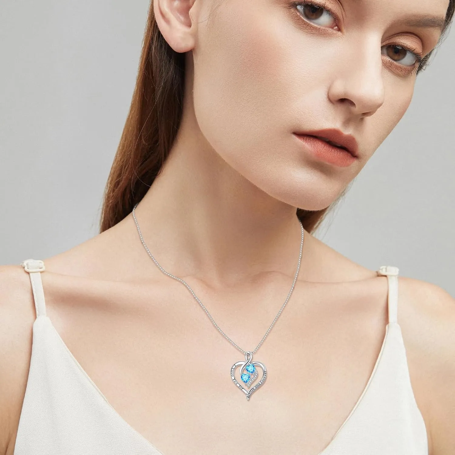 Forever Love Heart Birthstone Necklaces for Women 925 Sterling Silver Women Pendant Necklace, Mothers Day Birthday Anniversary Jewelry Gift for Woman Mother Mom Wife Her