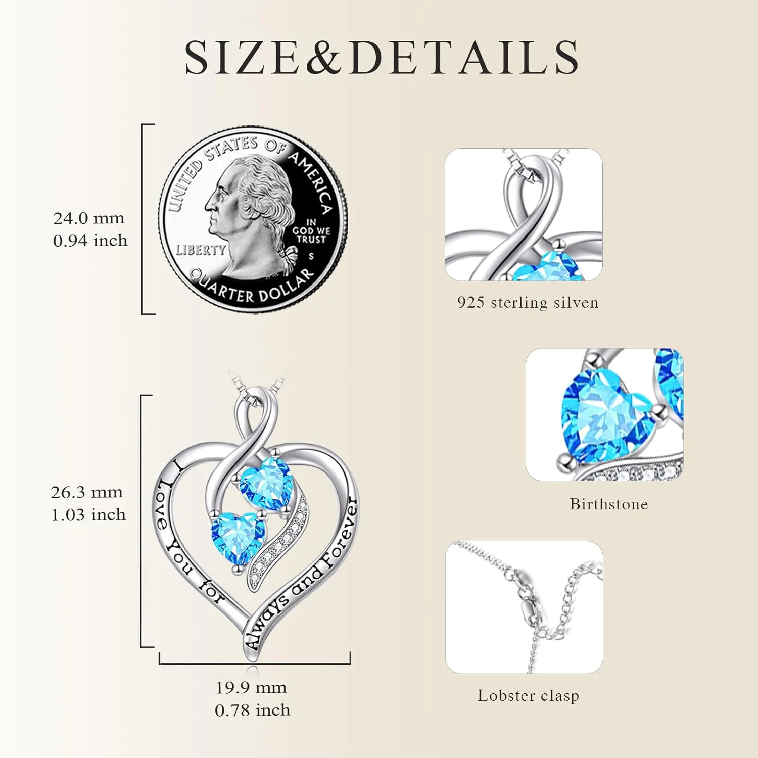 Forever Love Heart Birthstone Necklaces for Women 925 Sterling Silver Women Pendant Necklace, Mothers Day Birthday Anniversary Jewelry Gift for Woman Mother Mom Wife Her
