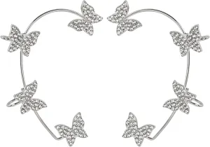 Framendino, 2 Pack Butterfly Rhinestone Ear Cuff Silver Sparkly Wrap Crawler Earring Non-Piercing Fairy Crystal Ears Clip Wrap for Ladies
