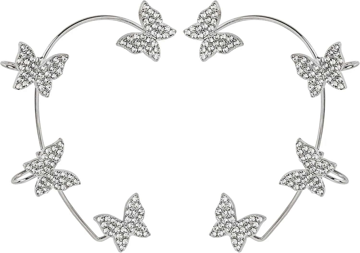 Framendino, 2 Pack Butterfly Rhinestone Ear Cuff Silver Sparkly Wrap Crawler Earring Non-Piercing Fairy Crystal Ears Clip Wrap for Ladies