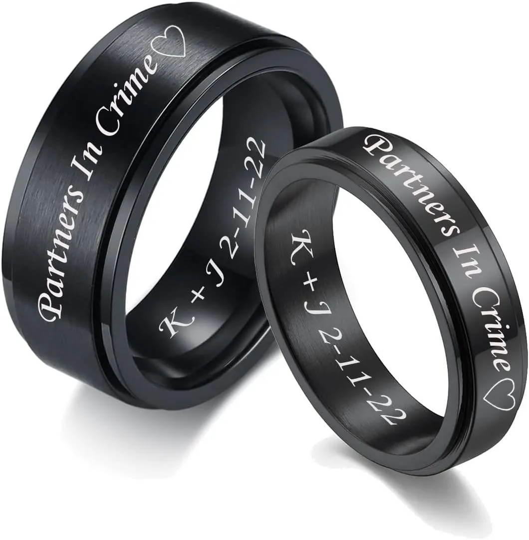 Free Engraved Couple Ring 8MM&6MM Stainless Steel Spinner Fidget Ring Spinning Wedding Band Promise Engagement Ring,Anxiety Stress Relief Gift, for Boyfirend Girlfriend