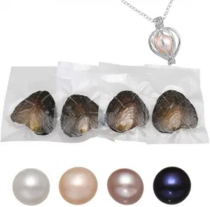 Freshwater Pearl Oyster Cultured Love Wish Round Pearls Various Shining Meaningful Color, Oysters with Pearls Inside with DIY Necklace Pearl Kit Gift for Women (7-8mm/4Pcs)