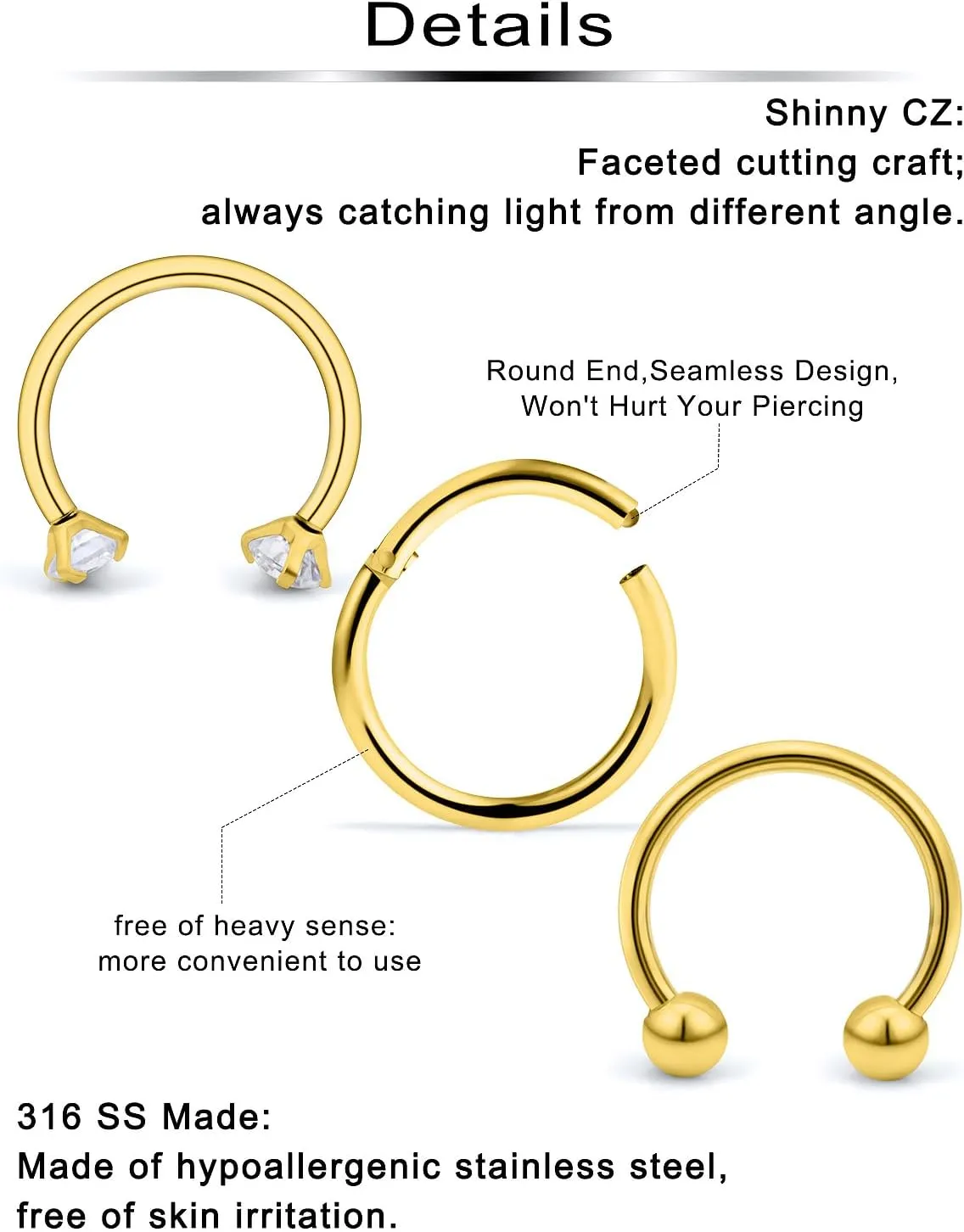 Ftovosyo 11Pcs 14G Septum Jewelry Surgical Steel Nose Septum Rings Piercing Jewelry Retainer Horseshoe Vertical Labret Lip Hoop Ring for Women Men 10mm 3/8 Inch