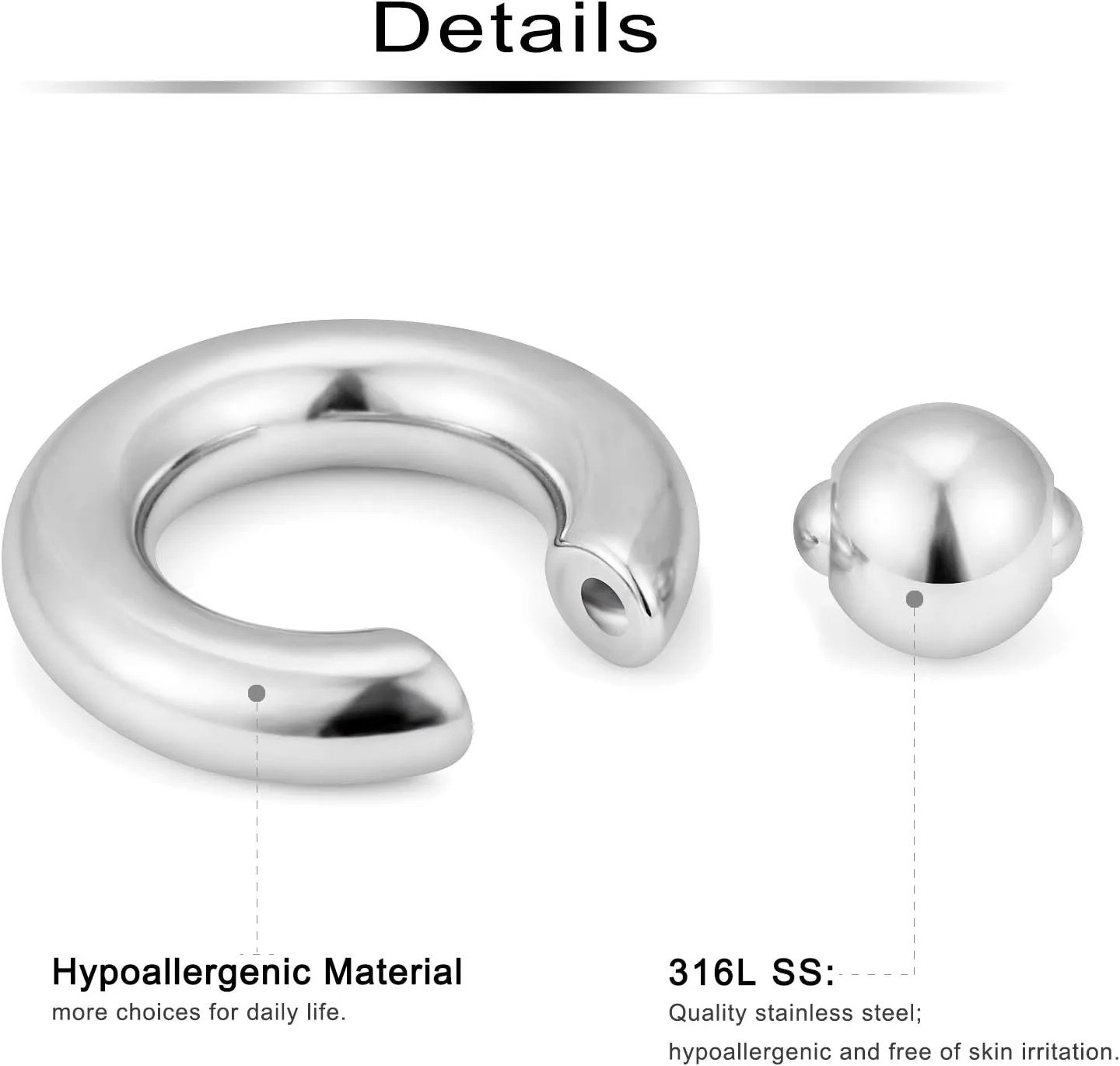 Ftovosyo PA Ring Captive Bead Rings Spring Action BCR Ball Rings 00G 0G 2G 4G 6G 8G 10G 316L Surgical Steel Pierced Body Jewelry for Women 2PCS 12-19mm