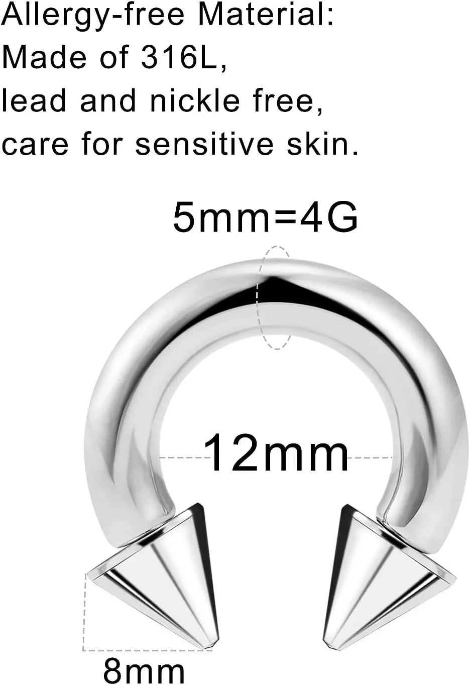 Ftovosyo PA Ring Internally Threaded Spike Circular Barbells Horseshoe Large Septum Ring Ear Gauges Earrings 2G 4G 6G 8G 10G 12mm/16mm 316L Surgical Steel Pierced Body Jewelry for Women Men