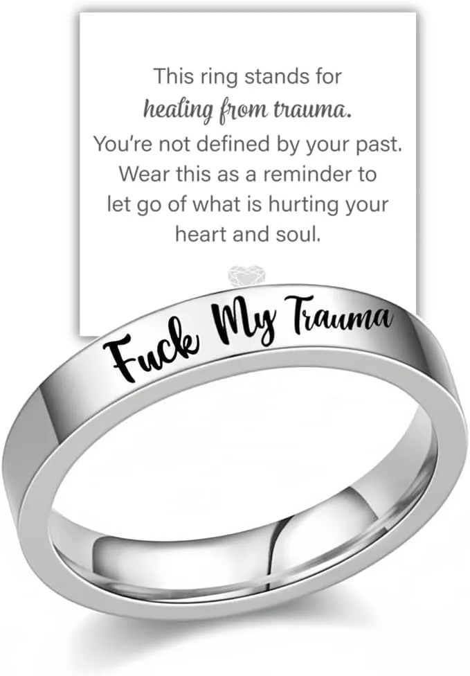 FUCK MY TRAUMA CIRCLE RING, 925 Sterling Silver Fuck My Trauma Mood Ring, Inspirational Stackable Fuck Trauma Friendship Rings, Jewelry Gifts for Women, Soul Sisters