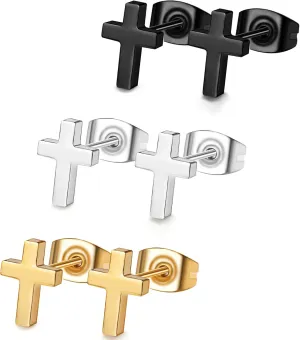 FUNRUN JEWELRY 3Pairs Stainless Steel Cross Earrings for Women Men - Hypoallergenic Tiny Dainty Studs, Lightweight & Comfortable Daily Wear - Gold Tone/Black/Silver Tone