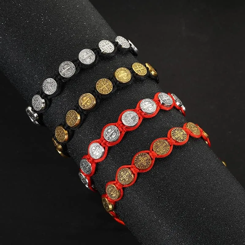 Fuqimanman2020 6pcs Saint Benedict Medal on Adjustable Cord Wrist Bracelet Set Cross Mary Virgin Saint Jude for Women Men Evil Protection Prayer Rosary Catholic Religious Jewelry