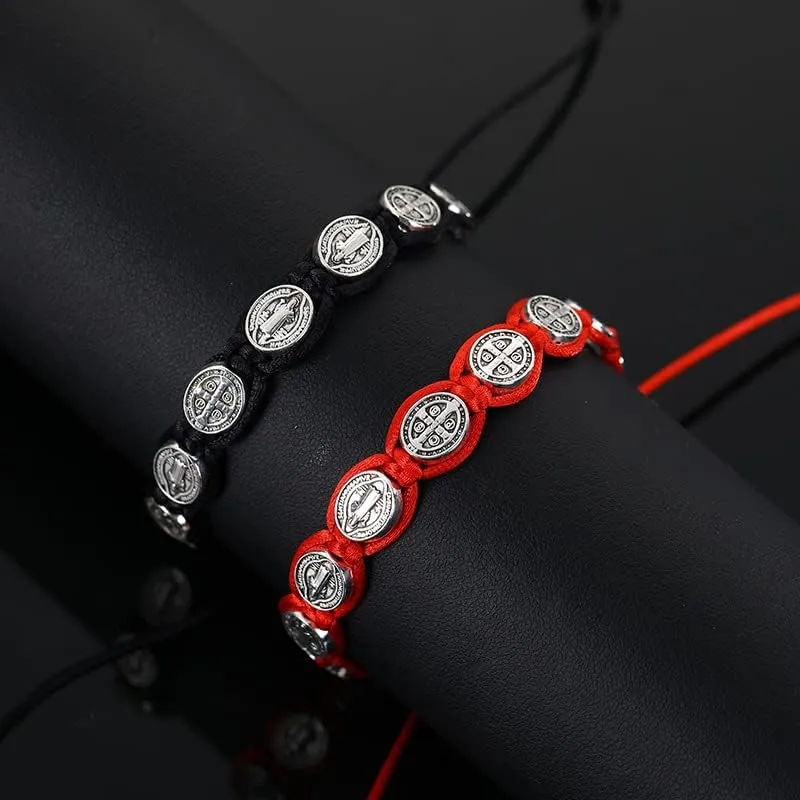 Fuqimanman2020 6pcs Saint Benedict Medal on Adjustable Cord Wrist Bracelet Set Cross Mary Virgin Saint Jude for Women Men Evil Protection Prayer Rosary Catholic Religious Jewelry