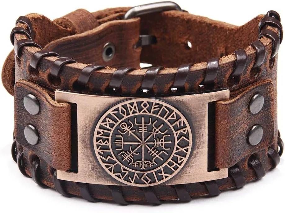 GelConnie Viking Bracelet Punk Leather Cuff Bracelet Gothic Leather Wristband Bracelet with Nordic Amulet Scandinavian Talisman Celtic Pagan Jewelry
