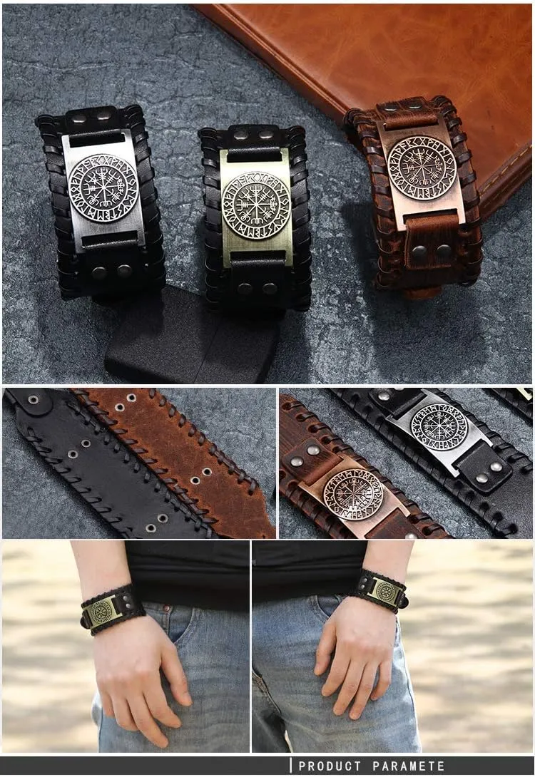GelConnie Viking Bracelet Punk Leather Cuff Bracelet Gothic Leather Wristband Bracelet with Nordic Amulet Scandinavian Talisman Celtic Pagan Jewelry