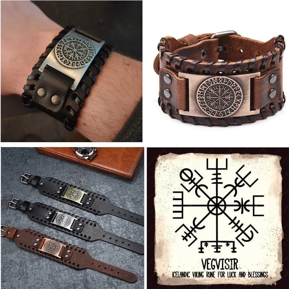 GelConnie Viking Bracelet Punk Leather Cuff Bracelet Gothic Leather Wristband Bracelet with Nordic Amulet Scandinavian Talisman Celtic Pagan Jewelry