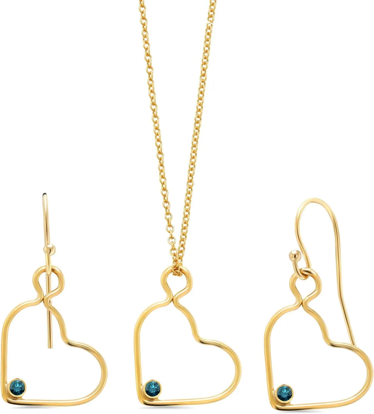 Gem Stone King 0.10 Ct Round Blue Diamond 14K Gold Filled Heart Pendant and Earrings Jewelry Set With Chain