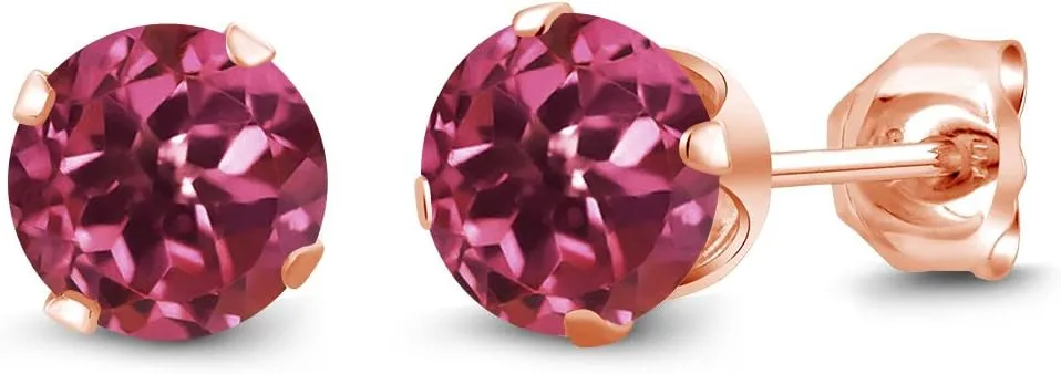 Gem Stone King 1.00 Ct Round 5mm Pink Tourmaline 18K Rose Gold Plated Silver Stud Earrings For Women Men
