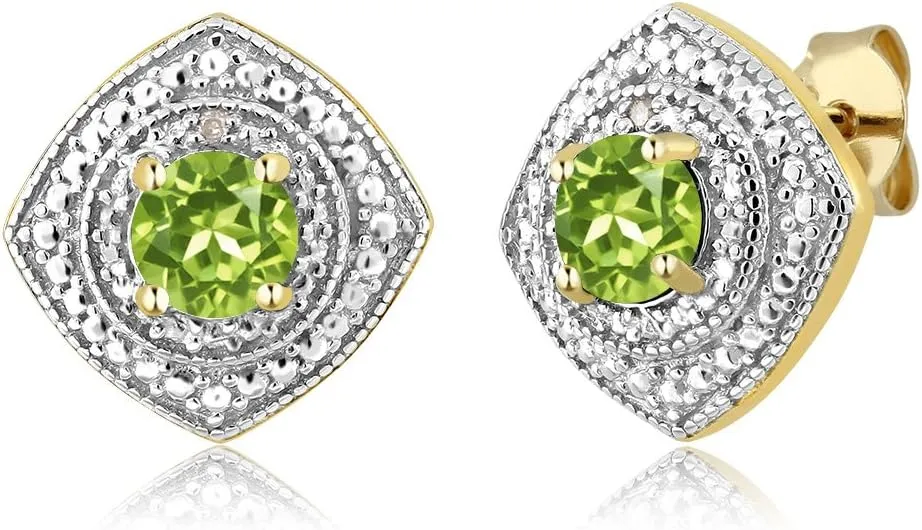 Gem Stone King 1.00 Ct Round Green Peridot with Diamond Accent 18K Yellow Gold Plated Silver Stud Earrings