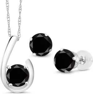 Gem Stone King 10K White Gold Black Diamond Pendant Earrings Jewelry Set For Women | 3.15 Cttw | Gemstone April Birthstone | Round 6MM | with 18 Inch Chain