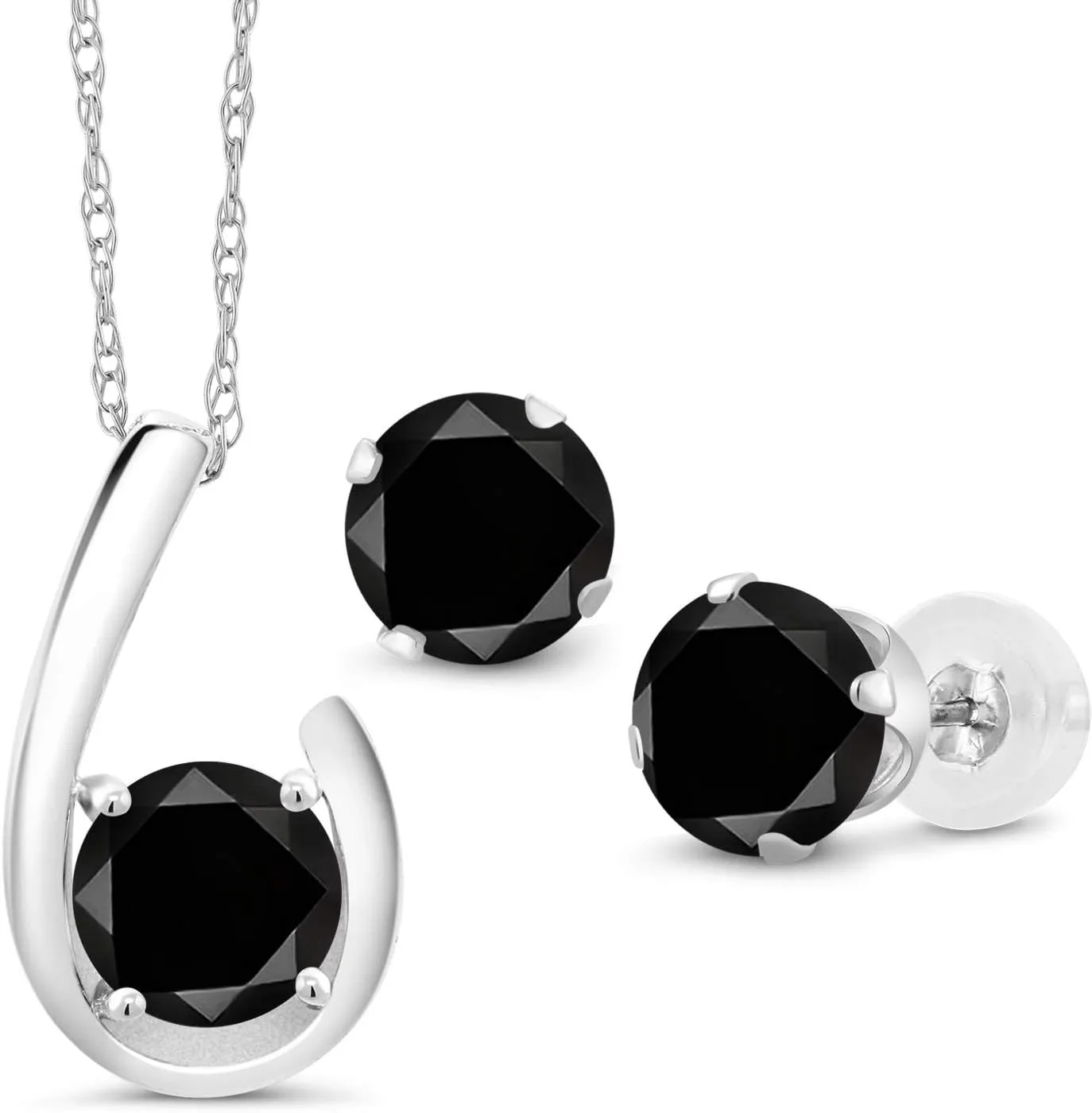 Gem Stone King 10K White Gold Black Diamond Pendant Earrings Jewelry Set For Women | 3.15 Cttw | Gemstone April Birthstone | Round 6MM | with 18 Inch Chain