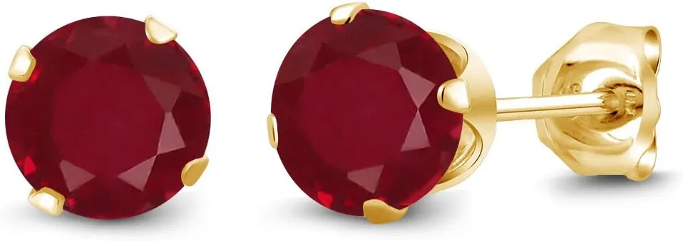Gem Stone King 1.10 Ct Round 5mm Red Ruby 18K Yellow Gold Plated Silver Stud Earrings For Women Men