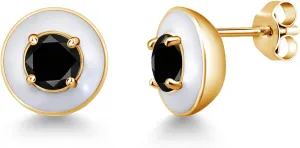Gem Stone King 1.10 Ct Round Black AAA Diamond 18K Yellow Gold Plated Silver White Enamel Stud Earrings For Women Men