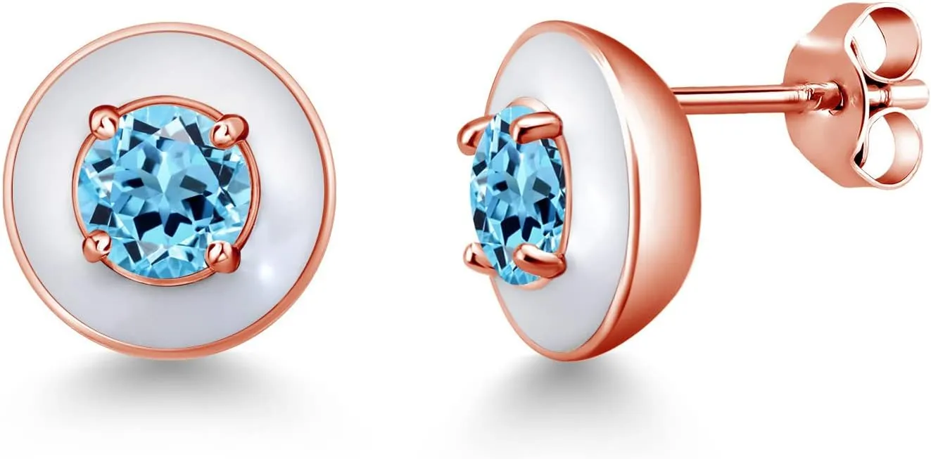 Gem Stone King 1.30 Ct Round 5mm Swiss Blue Topaz 18K Rose Gold Plated Silver White Enamel Stud Earrings For Women Men
