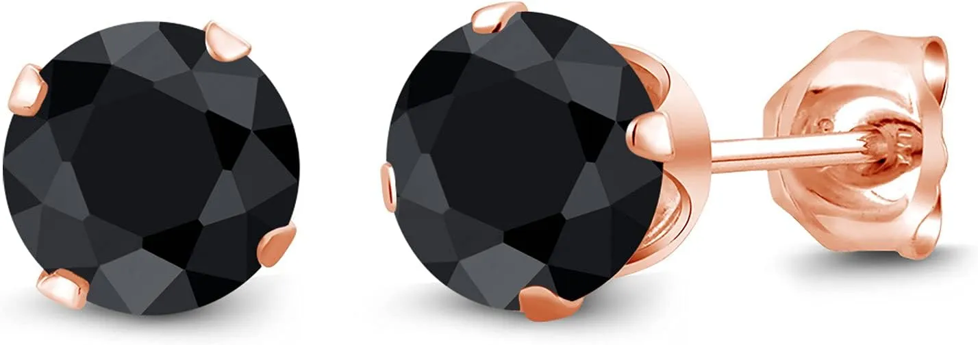 Gem Stone King 1.38 Ct Round 5mm Black Sapphire 18K Rose Gold Plated Silver Stud Earrings For Women Men