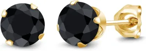Gem Stone King 1.38 Ct Round 5mm Black Sapphire 18K Yellow Gold Plated Silver Stud Earrings For Women Men