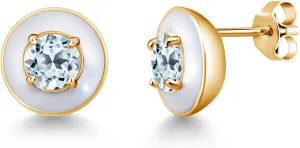 Gem Stone King 1.40 Ct Round 5mm Sky Blue Topaz 18K Yellow Gold Plated Silver White Enamel Stud Earrings For Women Men