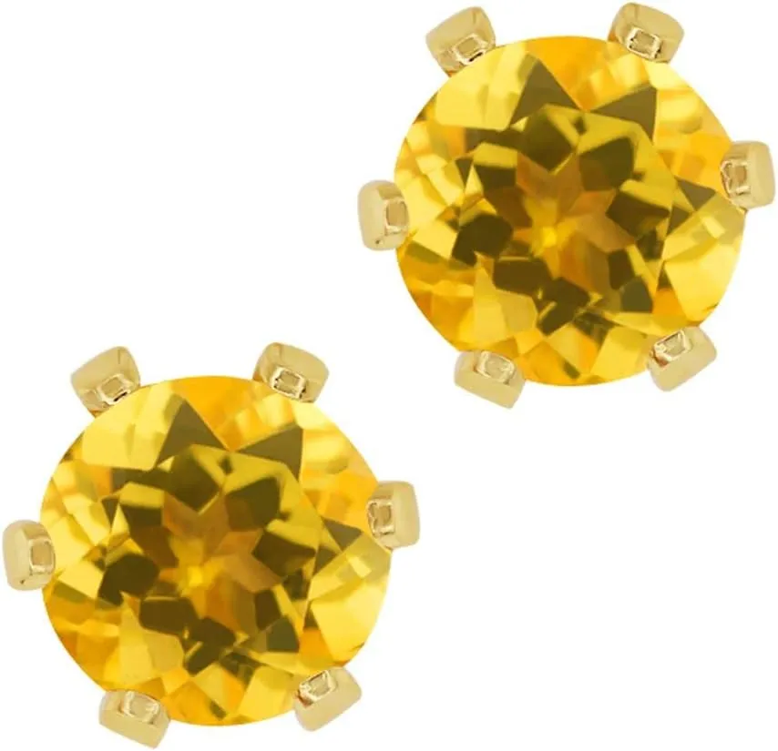 Gem Stone King 1.40 Ct Round Yellow Citrine Gold Plated 6-prong Stud Earrings For Women Men 6mm