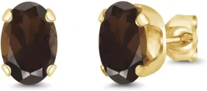 Gem Stone King 1.50 Ct 7x5mm Brown Smoky Quartz 18K Yellow Gold Plated Silver Stud Earrings For Women Men