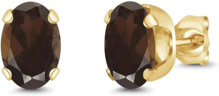Gem Stone King 1.50 Ct 7x5mm Brown Smoky Quartz 18K Yellow Gold Plated Silver Stud Earrings For Women Men