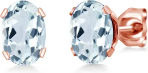 Gem Stone King 1.50 Ct 7x5mm Sky Blue Aquamarine Brass Rose Gold Plated Brass Stud Earrings For Women Men