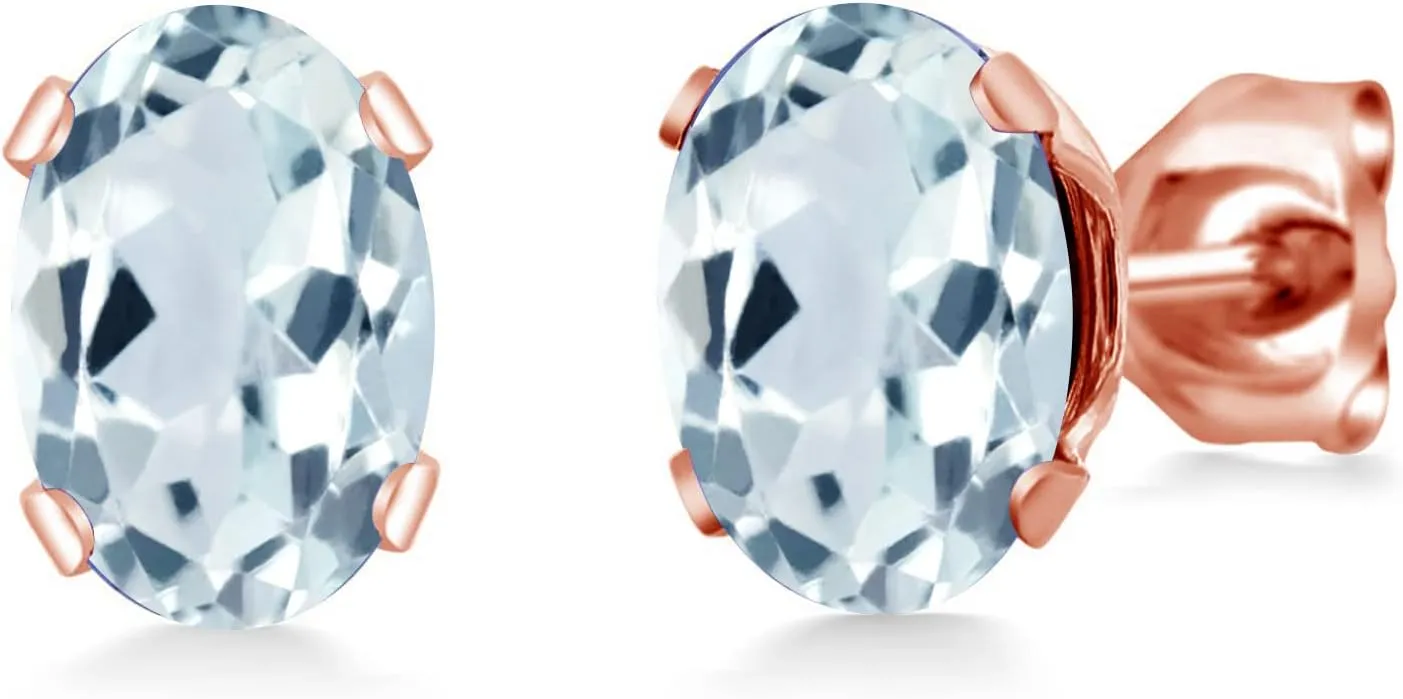 Gem Stone King 1.50 Ct 7x5mm Sky Blue Aquamarine Brass Rose Gold Plated Brass Stud Earrings For Women Men